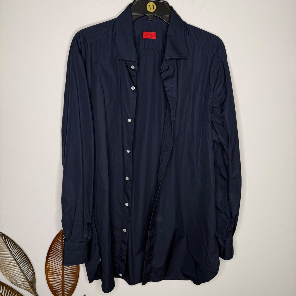 Isaia Napoli Mens Navy Blue‎ Cotton Button Down Shirt Made in Italy SUMI 05159